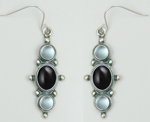 Sterling Silver Drop Dangle Earrings With Black Onyx And Blue Topaz